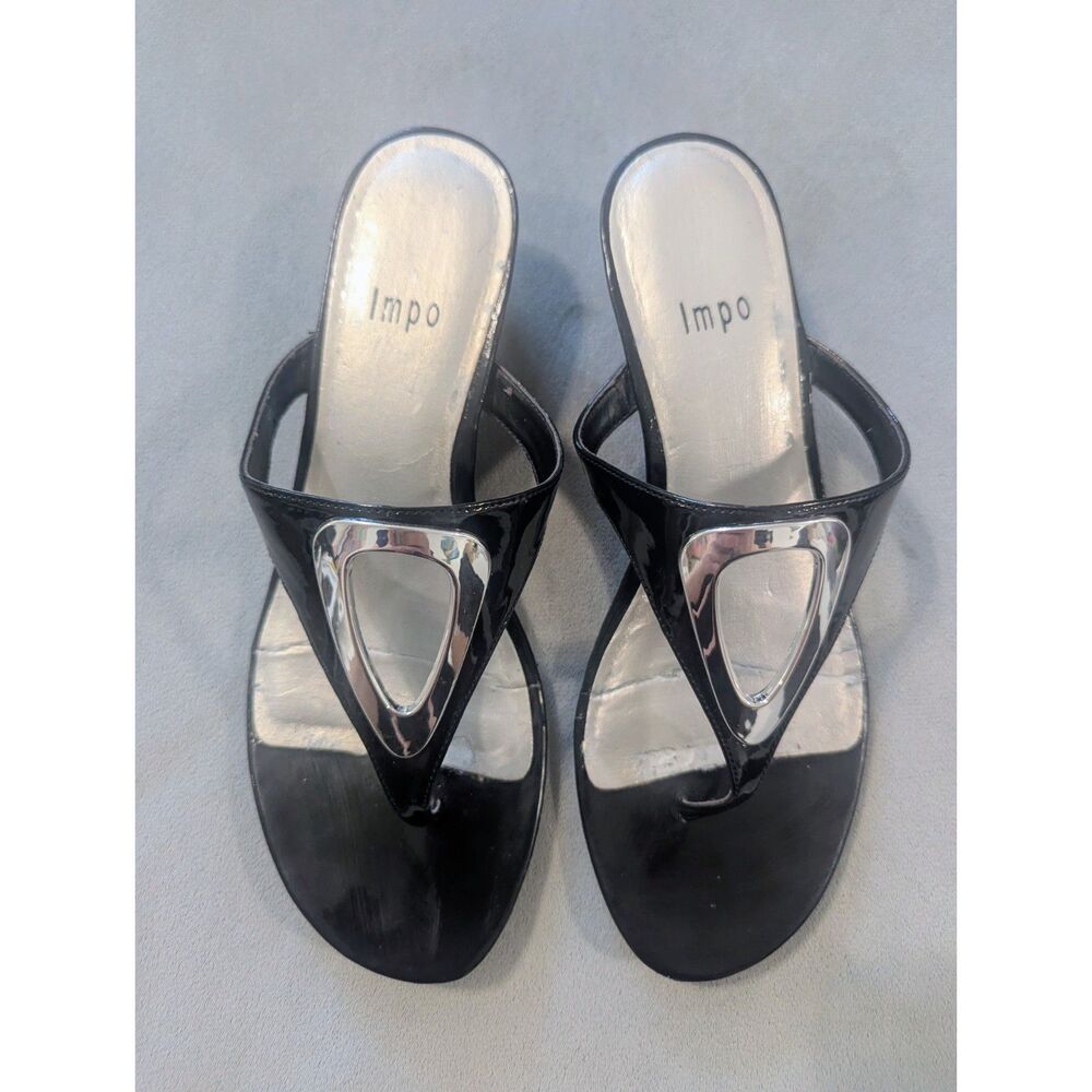 Impo Black Wedge Women's Sandals Faux Patent Leather Sz 7.5M